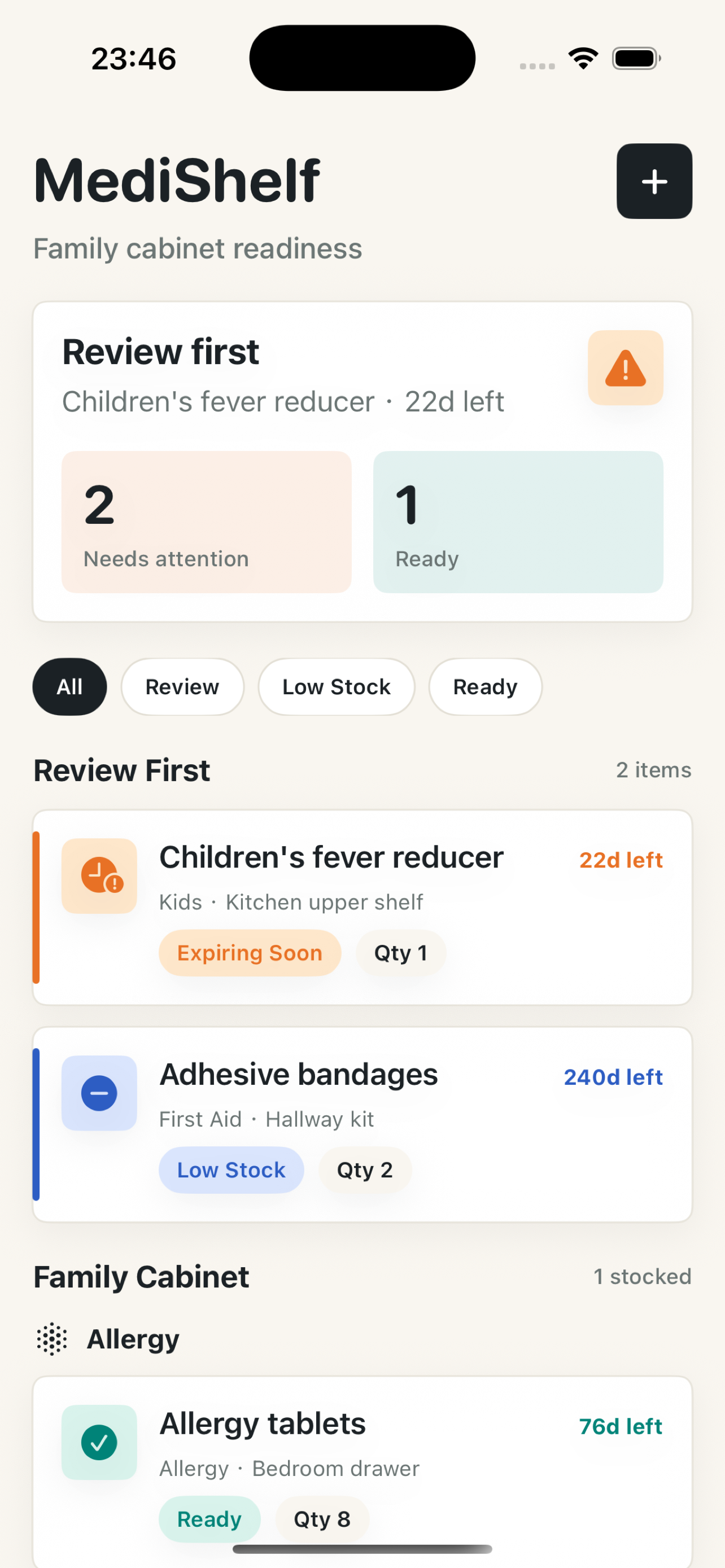 MediShelf dashboard showing urgent items