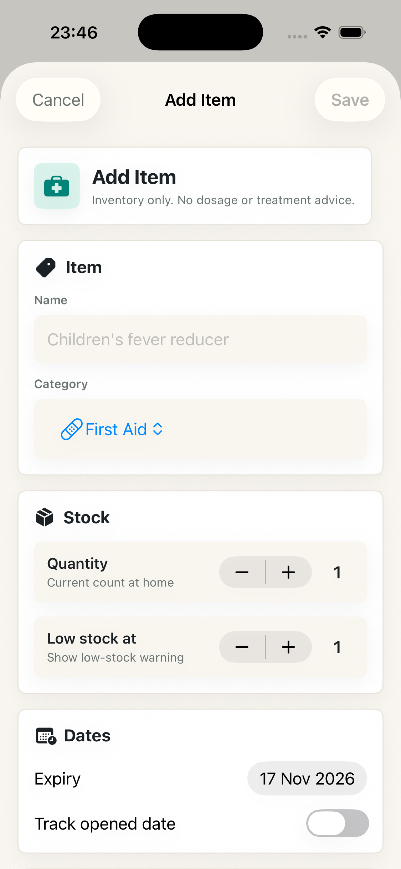 MediShelf item form with expiry date fields